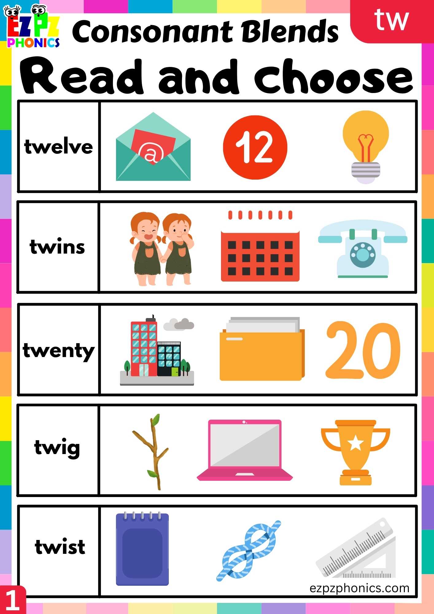 TW Words Read And Choose Phonics Consonant Blends Worksheet